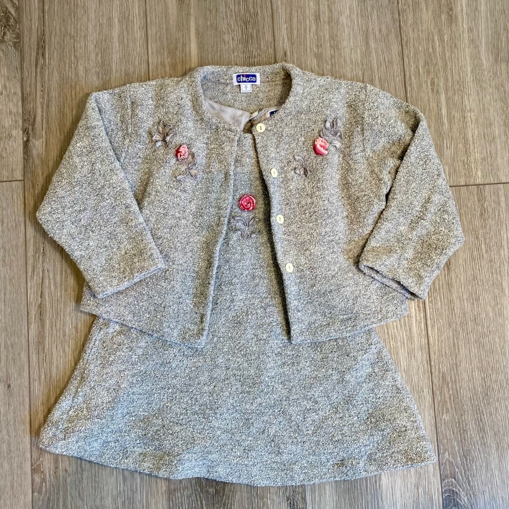 Chicco Toddler Gray Wool Blend Dress with Cardigan with Floral Accents